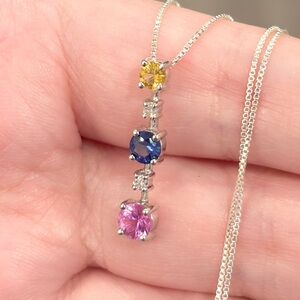 10K Rainbow Sapphire Diamond Pendant: Dainty Yellow Pink Blue Graduated Journey